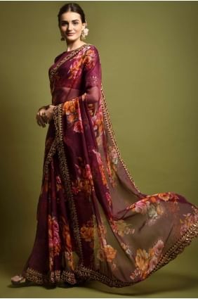 Georgette Saree in Wine  with Embroidered,printed SR22401