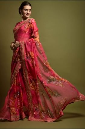 Pink Saree in Embroidered,printed Georgette SR22402