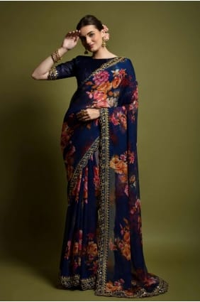 Georgette Blue Saree in Embroidered,printed SR22404