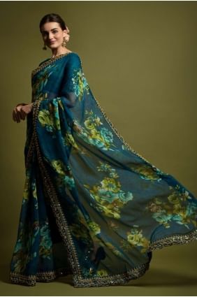 Embroidered,printed Georgette Teal  Saree with Blouse SR22406