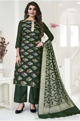 Weaving Salwar Kameez in Green Banarasi silk SK14835