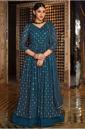 Embroidered Georgette Diwali Salwar Kameez in Teal  with Dupatta PZ3102
