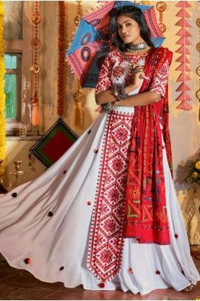 White Lehenga Choli in Printed Cotton LC5670