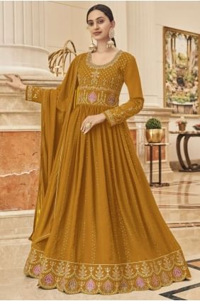 Mustard  Anarkali Suit in Embroidered Faux georgette AS3234