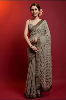 Mirror,embroidered Georgette Saree in Grey SR22518
