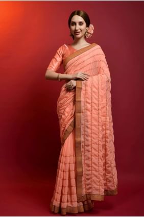 Mirror,embroidered Saree in Peach Georgette SR22521