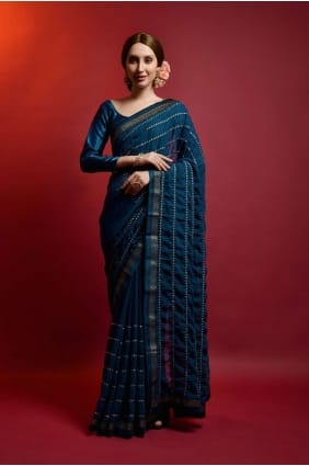 Georgette Saree with Mirror,embroidered in Teal blue SR22522