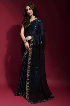 Party Wear Saree in Teal blue Embroidered Georgette SR22527