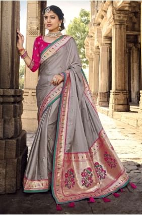 Grey Lace border Banarasi silk Banarasi Saree SR22546
