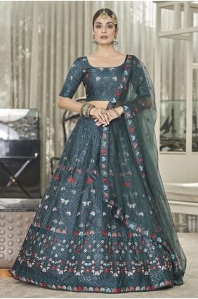 Teal green Silk Embroidered Islamic  Lehenga Choli with Dupatta LC5824
