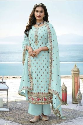 Embroidered Faux georgette Sea green Pakistani  Palazzo Suit with Dupatta PZ3161