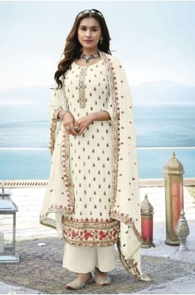 White Faux georgette Embroidered Pakistani  Palazzo Suit with Dupatta PZ3162