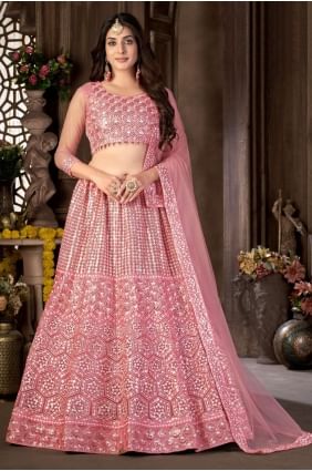 Net Diwali Lehenga Choli with Embroidered in Pink LC5834