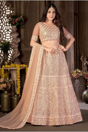 Net Peach Diwali Lehenga Choli in Embroidered LC5835