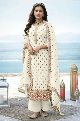 Embroidered Faux georgette Diwali  Palazzo Suit in Off white PZ3192