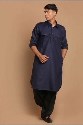 Plain Cotton Men Kurta in Navy blue KURU0105