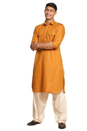 Plain Cotton Men Kurta in Mustard KURU0115