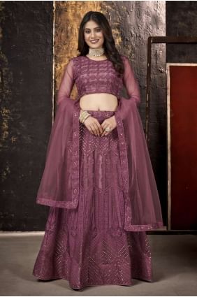 Wine  Embroidered Lehenga Choli in Net LC5925