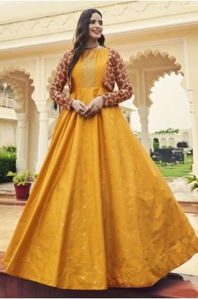 Cotton Embroidered Mustard  Gown Dress with Dupatta GW0387