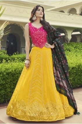 Printed Georgette Lehenga Choli in Yellow with Dupatta LC6048