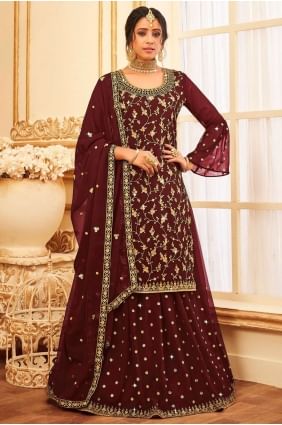 Embroidered Georgette Pakistani Suit in Maroon SS0898