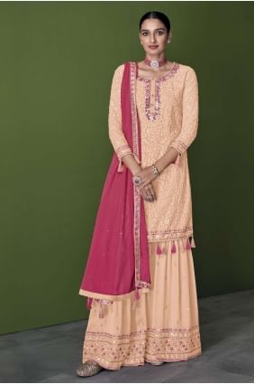Faux georgette Pakistani Suit in Peach with Embroidered SS0910
