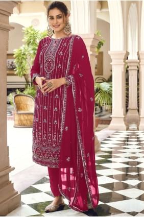 Printed Faux georgette Pakistani Suit in Pink with Dupatta SK15179