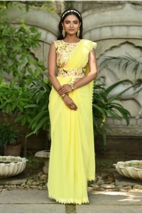 Party Wear Saree in Yellow Georgette with Thread,embroidered SR23304