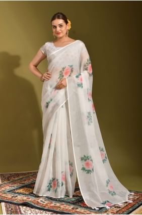 White Linen Saree with Printed SR23421