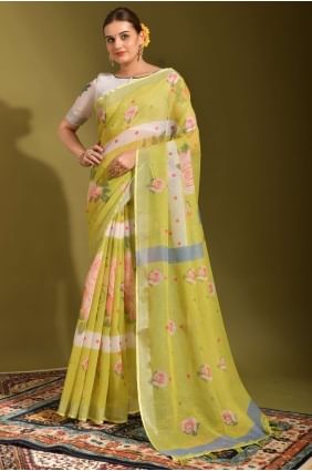 Printed Linen Mustard  Saree with Blouse SR23426