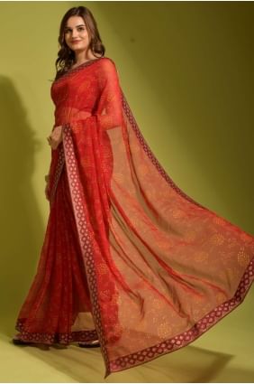 Red Party Wear Saree in Printed Chiffon SR23440