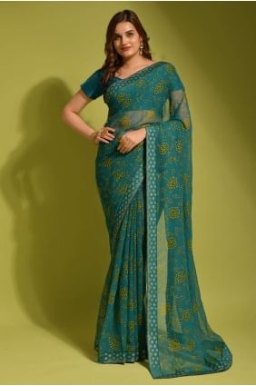 Sea Green Chiffon Party Wear Saree with Printed SR23441