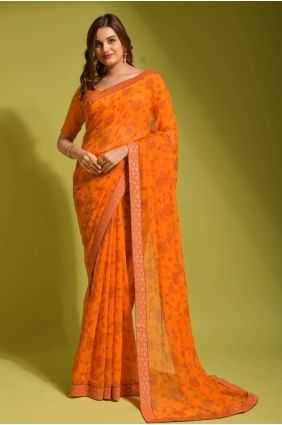 Printed Chiffon Party Wear Saree in Crange SR23442