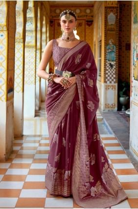 Silk Wine  Saree in Printed,weaving SR23485