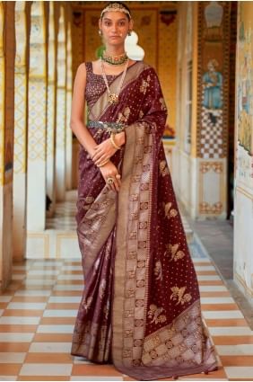 Wine  Saree in Silk with Printed,weaving SR23493
