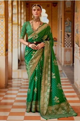 Silk Saree with Green Printed,weaving SR23495