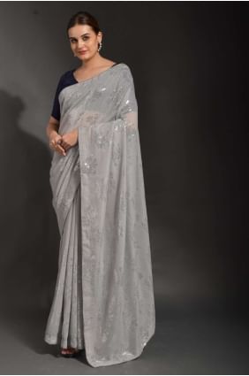 Grey Party Wear Saree with Embroidered Georgette SR23546