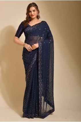 Georgette Party Wear Saree with Embroidered,lace border in Blue SR23584