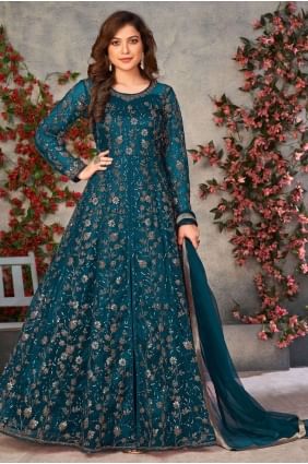 Teal blue Soft net Embroidered Anarkali Suit with Dupatta AS3324