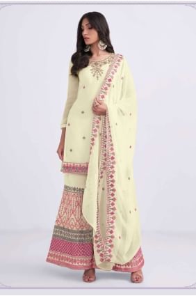 Georgette Palazzo Suit with Embroidered in Light yellow PZ3384