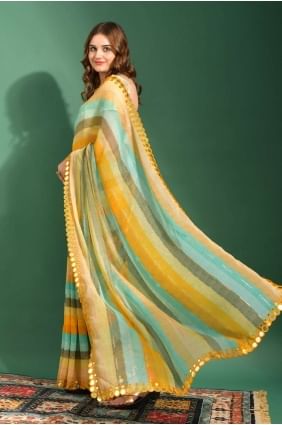 Mustard  Mirror,embroidered,printed Saree in Chiffon SR23681