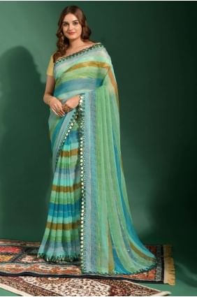 Blue Saree with Mirror,embroidered,printed Chiffon SR23682