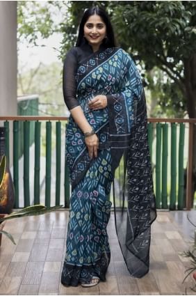 Teal  Digital print Cotton Saree SR23729