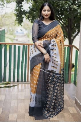 Cotton Digital print Mustard  Saree with Blouse SR23731