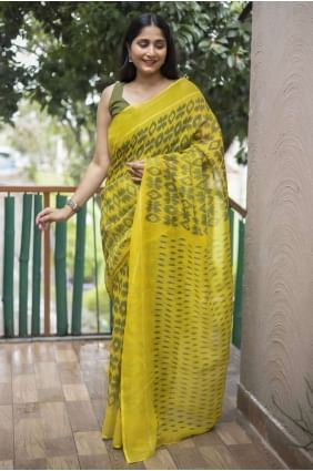 Saree in Lime  Cotton with Digital print SR23740