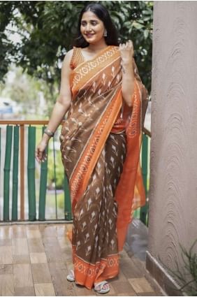 Digital print Saree in Brown Cotton SR23741