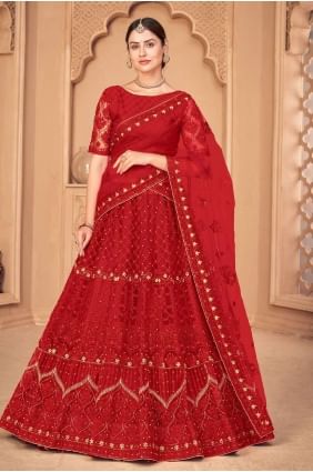 Red Net Wedding Lehenga Choli with Embroidered LC6250