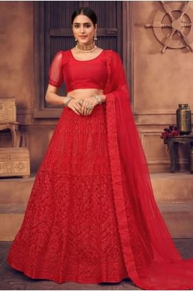 Red Wedding Lehenga Choli in Net with Embroidered LC6256