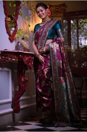 Weaving Banarasi silk Wine  Banarasi Saree with Blouse SR23831