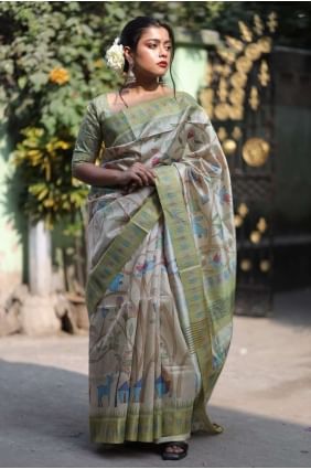 Silk Saree in Printed Green with Blouse SR23848